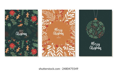 Templates For Christmas Cards With New Year Print, with gingerbread man, Christmas star, red berries, Christmas leaves and branches. Vector