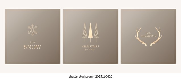 Templates for Christmas magic cards with geometric tree deer antlers. Gold text Happy New Year for your greeting card. Vector Christmas social media template in gold tones