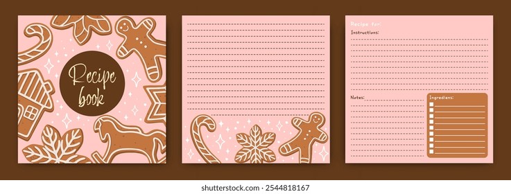 Templates for Christmas recipe book. The blank pages for your dessert recipes. Cookbook. Vector.