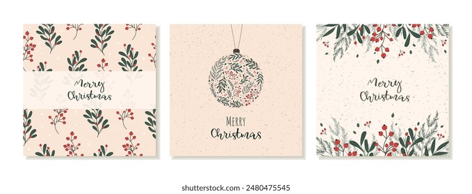 Templates of Christmas square posts for social networks. Christmas theme. Templates with winter plants, berries and branches on beige background. Vector