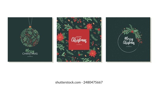 Templates of Christmas square posts for social networks. Christmas theme. Templates with winter plants, berries and branches on beige background. Vector