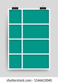 Templates collage eight frames, photos, parts, picture or illustration. Vector frames. Board and branding Presentation. Creative theme. Moodboard. Eight photos. Poster frame mockup. Collage concept.