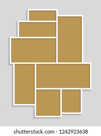 Templates collage eight frames, photos, parts, picture or illustration. Vector frames. Board and branding Presentation. Creative theme. Moodboard. 8 photos. Poster frame mockup. Collage concept.