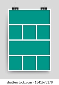 Templates collage eight frames photos parts, picture or illustration. Vector frames. Board and branding Presentation. Creative theme. Moodboard. Eight photos. Poster frame mockup. Collage concept.