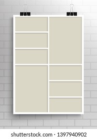 Templates collage eight frames photos parts, picture or illustration. Vector frames. Board and branding Presentation. Creative theme. Moodboard. Eight photos. Poster frame mockup. Collage concept.