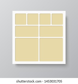 Templates collage eight frames, photos, parts pictures, illustrations. Vector frame branding presentation. Creative theme with 8 part simple square border layout. Modern minimalistic mood board mockup