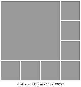 Templates collage eight frames, photos, parts pictures, illustrations. Vector frame branding presentation. Creative theme with 8 part simple square border layout. Modern minimalistic mood board mockup