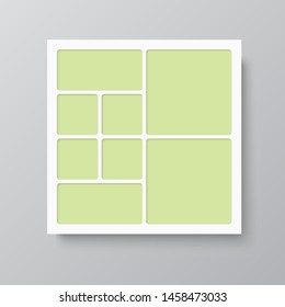 Templates collage eight frames, photos, parts pictures, illustrations. Vector frame branding presentation. Creative theme with 8 part simple square border layout. Modern minimalistic mood board mockup