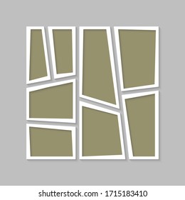Templates collage eight frames, photos, parts pictures, illustrations. Vector frame branding presentation. Creative theme with 8 part simple square border layout. Modern minimal moodboard mockup.