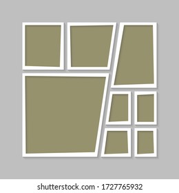 Templates collage eight frames, photos, parts pictures, illustrations. Vector frame branding presentation. Creative theme with 8 part simple square border layout. Modern minimal moodboard mockup.