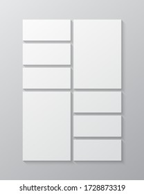 Templates collage eight frames, photos, parts pictures, illustrations. Vector frame presentation. Creative theme with 8 part simple square border layout. Modern minimal vertical moodboard mockup.
