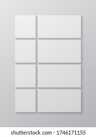 Templates collage eight frames, photos, parts pictures, illustrations. Vector frame presentation. Creative theme with 8 part simple square border layout. Modern minimal vertical moodboard mockup.