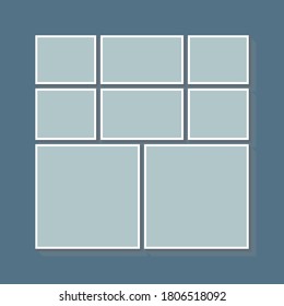 Templates collage eight frames, photos, parts pictures, illustrations. Vector frame branding presentation. Creative theme with 8 part simple square border layout. Modern minimalistic mood board mockup