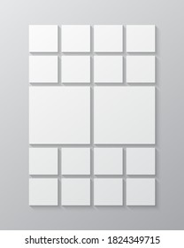 Templates collage eighteen frames, photos, parts pictures, illustrations. Vector frame presentation. Creative theme with 18 part simple square border layout. Modern minimal vertical moodboard mockup.