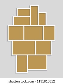 Templates collage eleven frames, photos, parts, picture or illustration. Vector frames. Board and branding Presentation. Creative theme. Moodboard. 11 photos. Poster frame mockup. Collage concept.