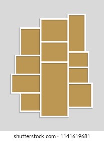 Templates collage eleven frames, photos, parts, picture or illustration. Vector frames. Board and branding Presentation. Creative theme. Moodboard. 11 photos. Poster frame mockup. Collage concept.