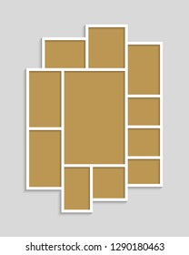 Templates collage eleven frames photos parts, picture or illustration. Vector frames. Board and branding Presentation. Creative theme. Moodboard. Eleven photos. Poster frame mockup. Collage concept.