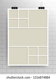 Templates collage eleven frames photos parts, picture or illustration. Vector frames. Board and branding Presentation. Creative theme. Moodboard. Eleven photos. Poster frame mockup. Collage concept.