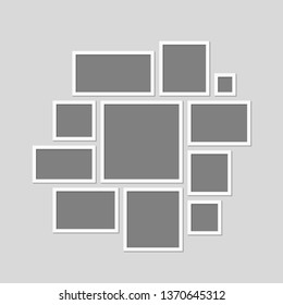 Templates collage eleven frames photos parts, picture or illustration. Vector frames. Board and branding Presentation. Creative theme. Moodboard. 11 photos. Poster frame mockup. Collage concept.