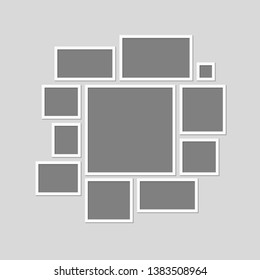 Templates collage eleven frames photos parts, picture or illustration. Vector frames. Board and branding Presentation. Creative theme. Moodboard. 11 photos. Poster frame mockup. Collage concept.