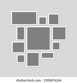 Templates collage eleven frames photos parts, picture or illustration. Vector frames. Board and branding Presentation. Creative theme. Moodboard. 11 photos. Poster frame mockup. Collage concept.