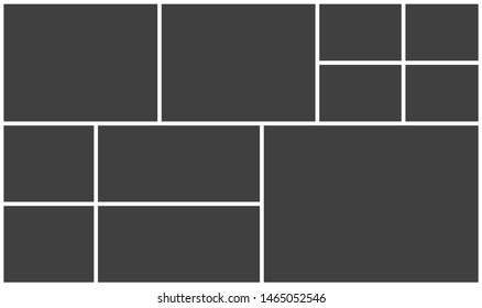 Templates collage eleven frames, photos, parts pictures, illustrations. Vector frame branding presentation. Creative theme with 11 part rectangle border layout. Modern minimalistic mood board mockup.