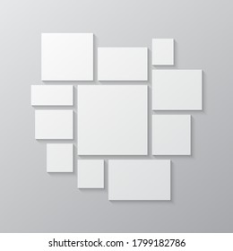 Templates collage eleven frames, photos, parts pictures, illustrations. Vector frame branding presentation. Creative theme with 11 part simple square border layout. Modern minimalistic board mockup