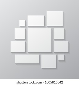 Templates collage eleven frames, photos, parts pictures, illustrations. Vector frame branding presentation. Creative theme with 11 part simple square border layout. Modern minimalistic board mockup