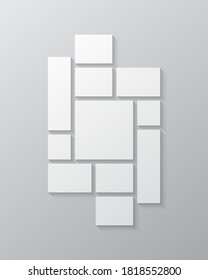 Templates collage eleven frames, photos, parts, pictures, illustrations. Vector frame presentation. Creative theme with 11 part simple square border layout. Modern minimal vertical moodboard mockup.