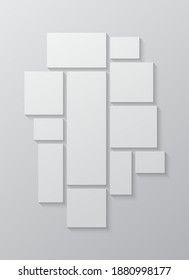 Templates collage eleven frames, photos, parts pictures, illustrations. Vector frame presentation. Creative theme with 11 part simple square border layout. Modern minimal vertical moodboard mockup.