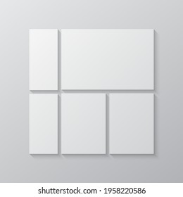 Templates collage five frames, photos, parts pictures, illustrations. Vector frame branding presentation. Creative theme with 5 part simple square border layout. Modern minimalistic board mockup