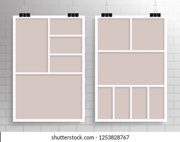 Templates collage five and seven frames, photos, parts, picture or illustration. Vector frames. Board and branding Presentation. Creative theme. Moodboard. Poster frame mockup. Collage concept.