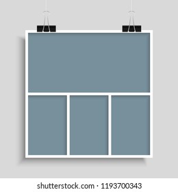 Templates collage four frames, photos, parts, picture or illustration. Vector frames. Board and branding Presentation. Creative theme. Moodboard. Four photos. Poster frame mockup. Collage concept.