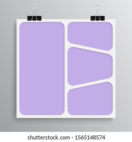 Templates collage four frames, photos, parts pictures, illustrations. Vector frame branding presentation. Creative theme with 4 part simple square border layout. Modern minimalistic mood board mockup.