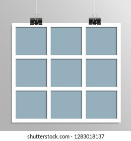 Templates Collage nine Frames for Photo or Illustration. Vector Frame for Photos, Pictures, Photo Collage, Photo Puzzle. Board & Branding Presentation. Creative Theme. Moodboard.