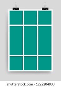 Templates collage nine frames, photos, parts, picture or illustration. Vector frames. Board and branding Presentation. Creative theme. Moodboard. Nine photos. Poster frame mockup. Collage concept.