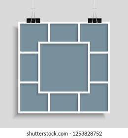 Templates collage nine frames, photos, parts, picture or illustration. Vector frames. Board and branding Presentation. Creative theme. Moodboard. Nine photos. Poster frame mockup. Collage concept.