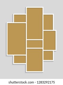 Templates collage nine frames, photos, parts, picture or illustration. Vector frames. Board and branding Presentation. Creative theme. Moodboard. Nine photos. Poster frame mockup. Collage concept.