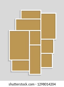 Templates collage nine frames photos parts, picture or illustration. Vector frames. Board and branding Presentation. Creative theme. Moodboard. Nine photos. Poster frame mockup. Collage concept.