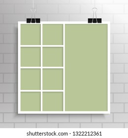 Templates collage nine frames photos parts pictures or illustrations. Vector frames. Board and branding Presentation. Creative theme. Moodboard. Nine photos. Poster frame mockup. Collage concept.