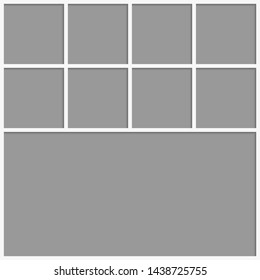 Templates collage nine frames, photos, parts pictures, illustrations. Vector frame branding presentation. Creative theme with 9 part simple square border layout. Modern minimalistic mood board mockup.