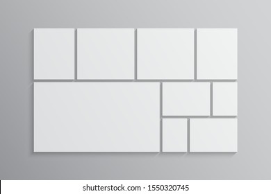 Templates collage nine frames photos parts, picture or illustration. Vector frames. Board and branding Presentation. Creative theme. Moodboard. 9 photos. Poster frame mockup. Collage concept.