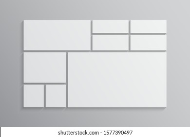 Templates collage nine frames photos parts, picture or illustration. Vector frames. Board and branding Presentation. Creative theme. Moodboard. 9 photos. Poster frame mockup. Collage concept.