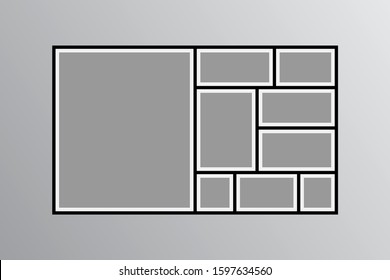 Templates collage nine frames photos parts, picture or illustration. Vector frames. Board and branding Presentation. Creative theme. Moodboard. 9 photos. Poster frame mockup. Collage concept.