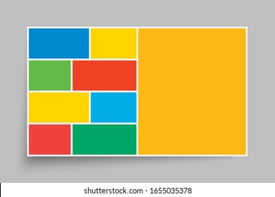 Templates collage nine frames photos parts, picture or illustration. Vector frames. Board and branding Presentation. Creative theme. Moodboard. 9 photos. Poster frame mockup. Collage concept.