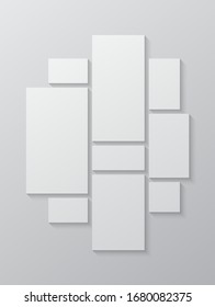 Templates collage nine frames photos parts, picture or illustration. Vector frames. Board and branding presentation. Veetical moodboard on 9 photos. Poster frame mockup. Collage concept.