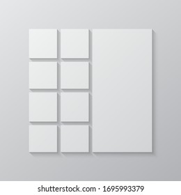 Collage de plantillas de nueve cuadros, fotos, partes de imágenes, ilustraciones. Presentación de la marca de marco vectorial. Tema creativo con 9 piezas de diseño sencillo de borde cuadrado. Moderna maqueta minimalista en la pizarra.