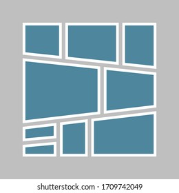 Templates collage nine frames, photos, parts pictures, illustrations. Vector frame branding presentation. Creative theme with 9 part simple square border layout. Modern minimalistic mood board mockup.