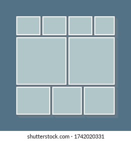 Templates collage nine frames, photos, parts pictures, illustrations. Vector frame branding presentation. Creative theme with 9 part simple square border layout. Modern minimal moodboard mockup.