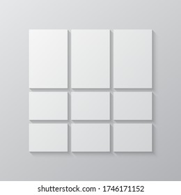 Templates collage nine frames, photos, parts pictures, illustrations. Vector frame branding presentation. Creative theme with 9 part simple square border layout. Modern minimal moodboard mockup.